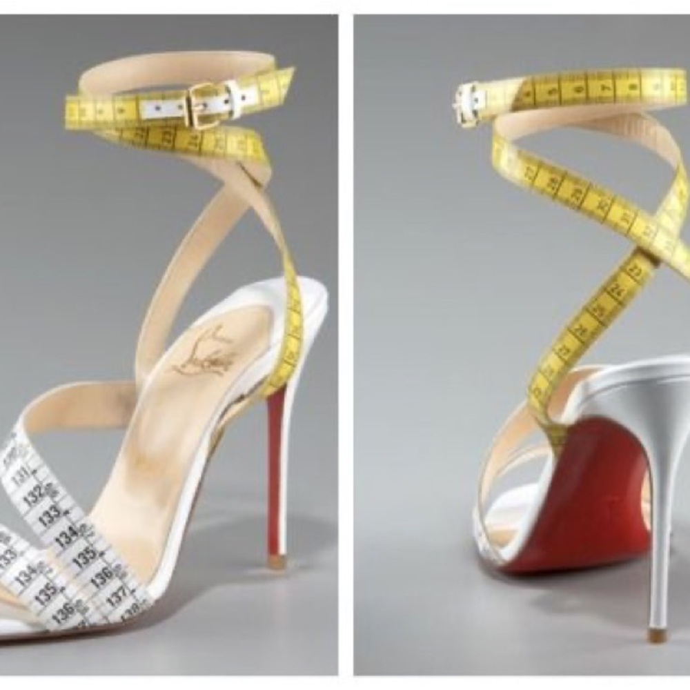 Christian Louboutin White and Yellow Measuring Tape Heels
